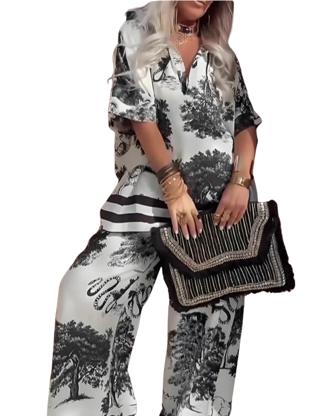 Jennifer | Bedrucktes Oberteil mit V-Ausschnitt + Lange Hose