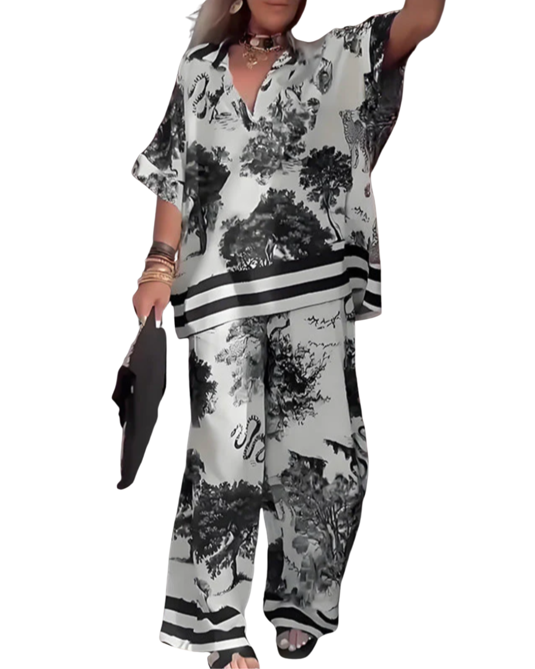 Jennifer | Bedrucktes Oberteil mit V-Ausschnitt + Lange Hose